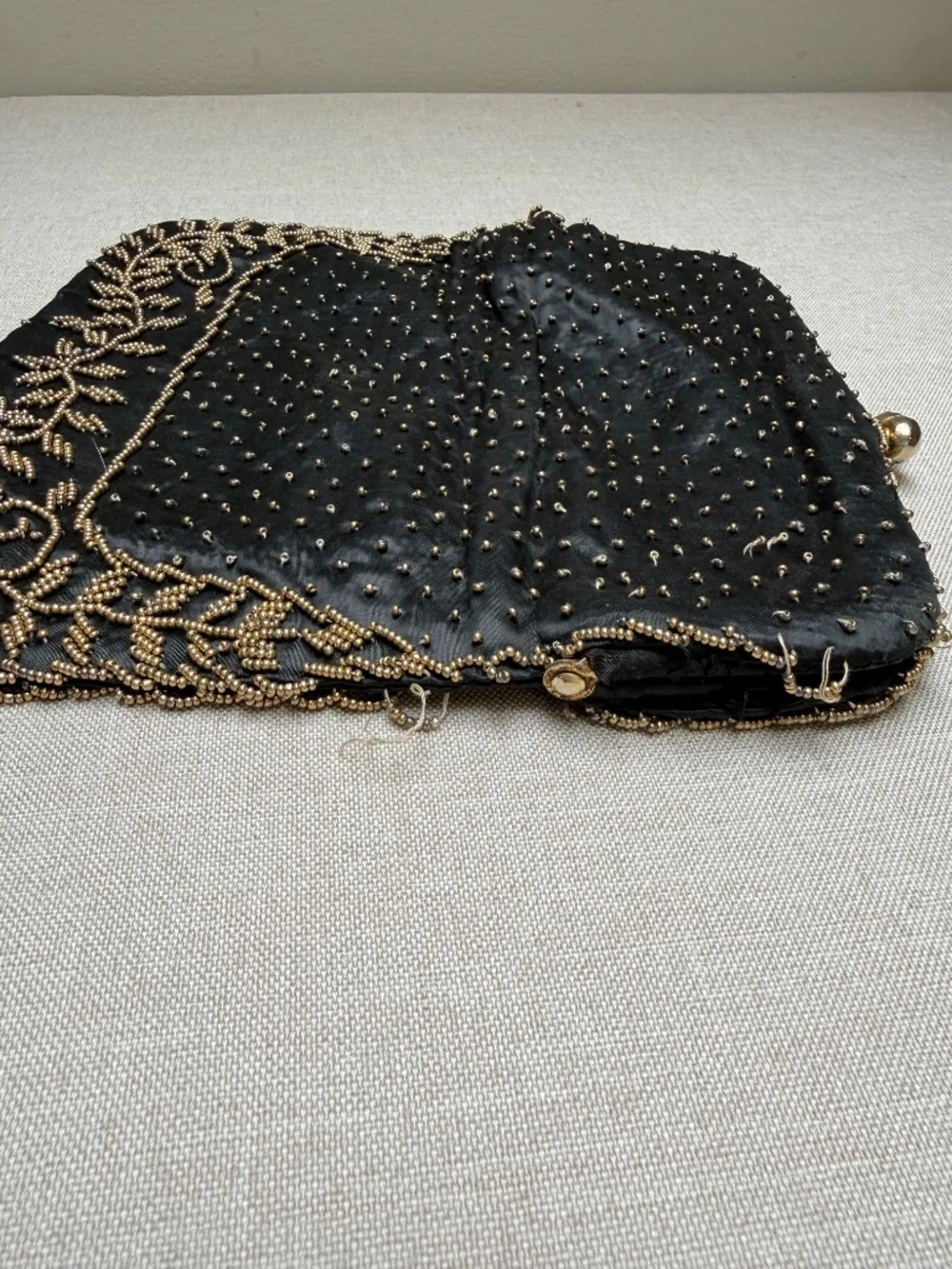 Vintage Hong Kong Victorian Style Black and Gold Beaded Clutch Formal Evening